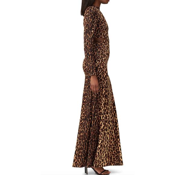 A.L.C. Brown Leopard Long Sleeve Gown Size 4 Silk Maxi Dress Cutout Waist $895 - Picture 2 of 11
